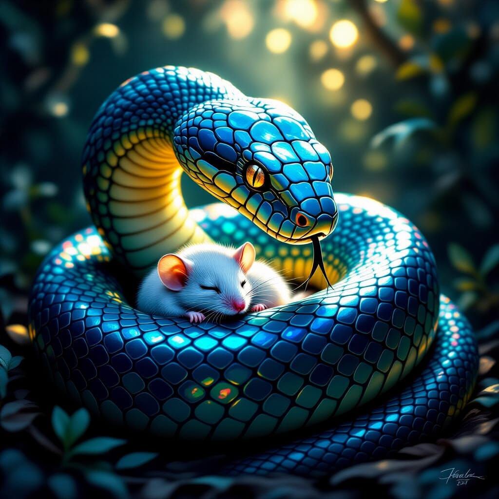 Massive Cobra Protects Sleeping Mouse: Fantasy Art