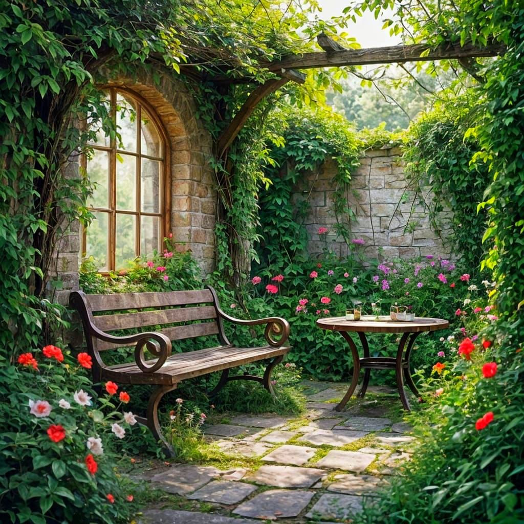 Cozy Overgrown Garden with Wooden Bench