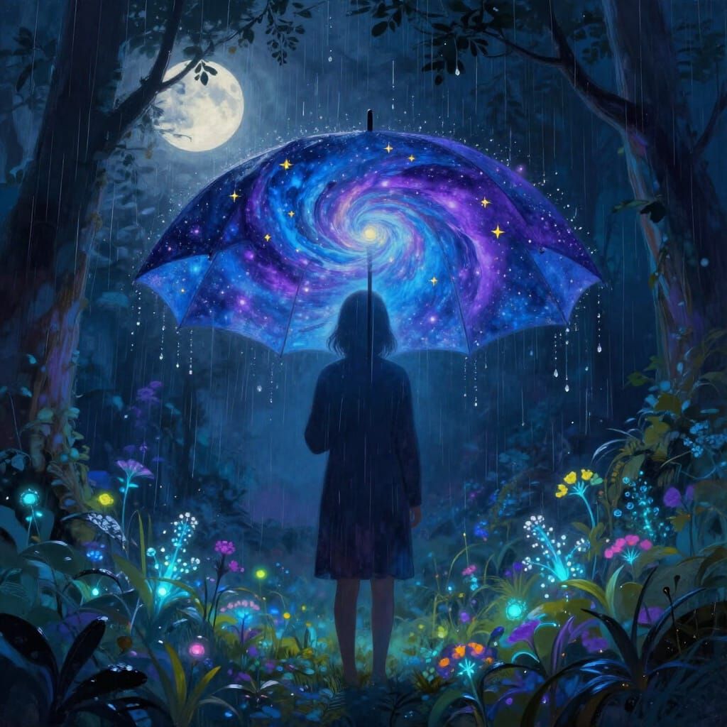 Cosmic Umbrella in Dreamlike Forest