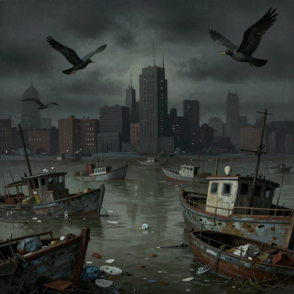 Surreal Polluted Cityscape with Distorted Boats and Cartoon ...