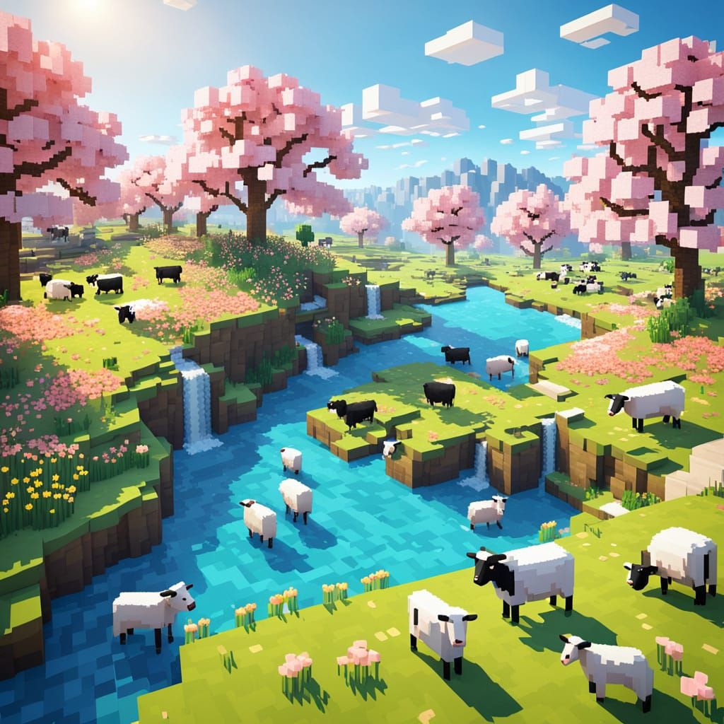 Vibrant Blocky Spring Scene in Minecraft Aesthetic