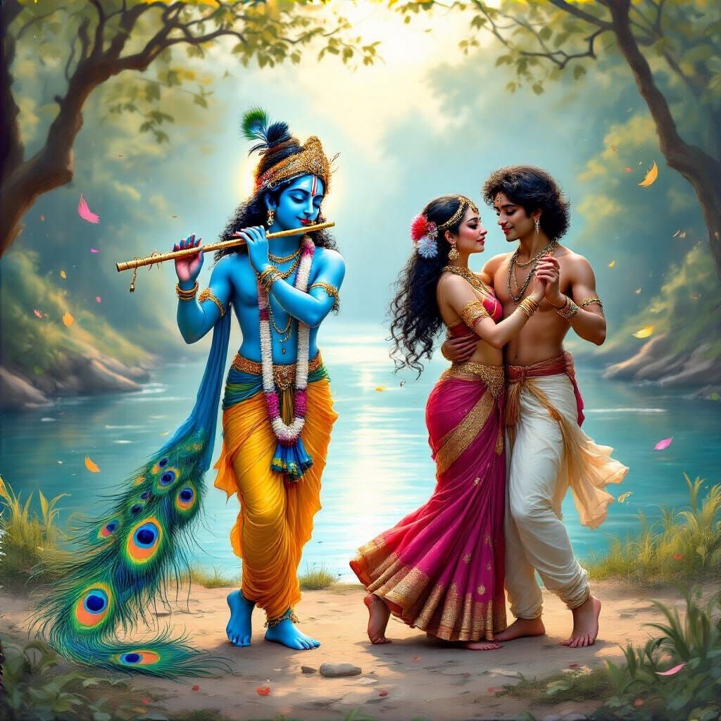 Krishna's Flute: Interracial Couple Dancing in Magical Reali...
