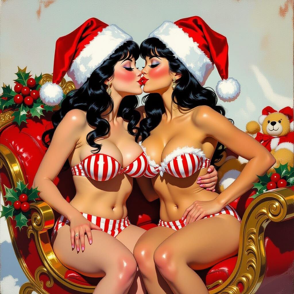 Festive Cowgirl and Pinup in Santa's Sleigh as Impressionist...