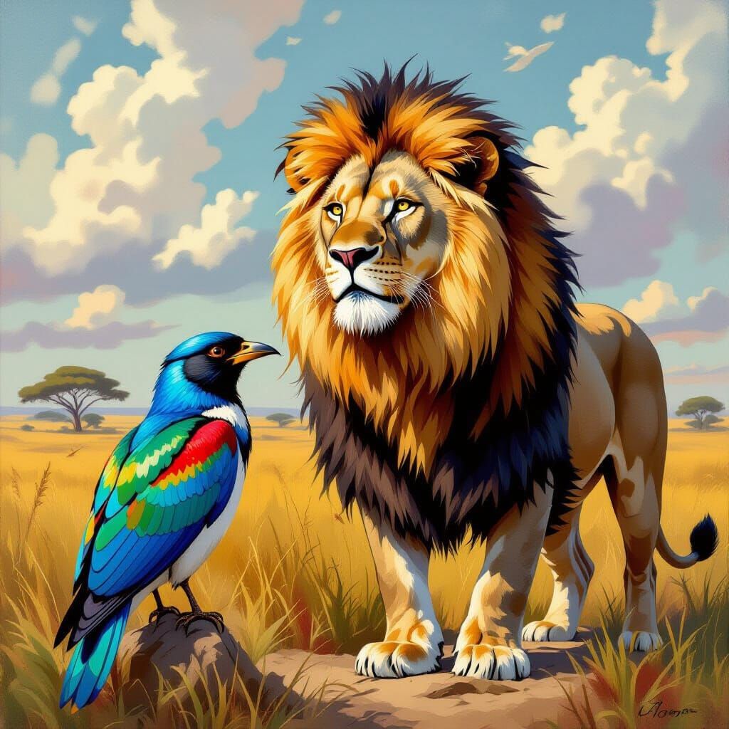 Lion and Bird Together on Savannah, Detailed Realism Style