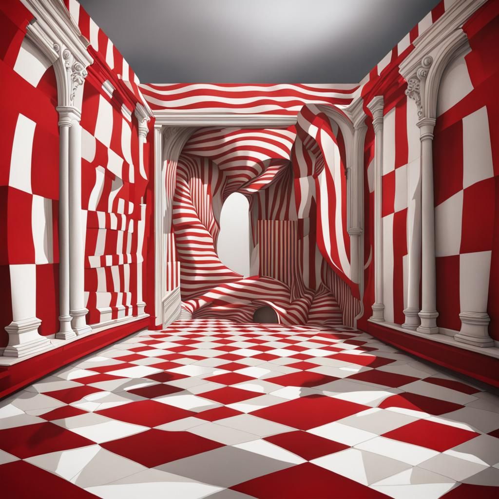 Optical illusion - a Trompe L'oeil scene red and white