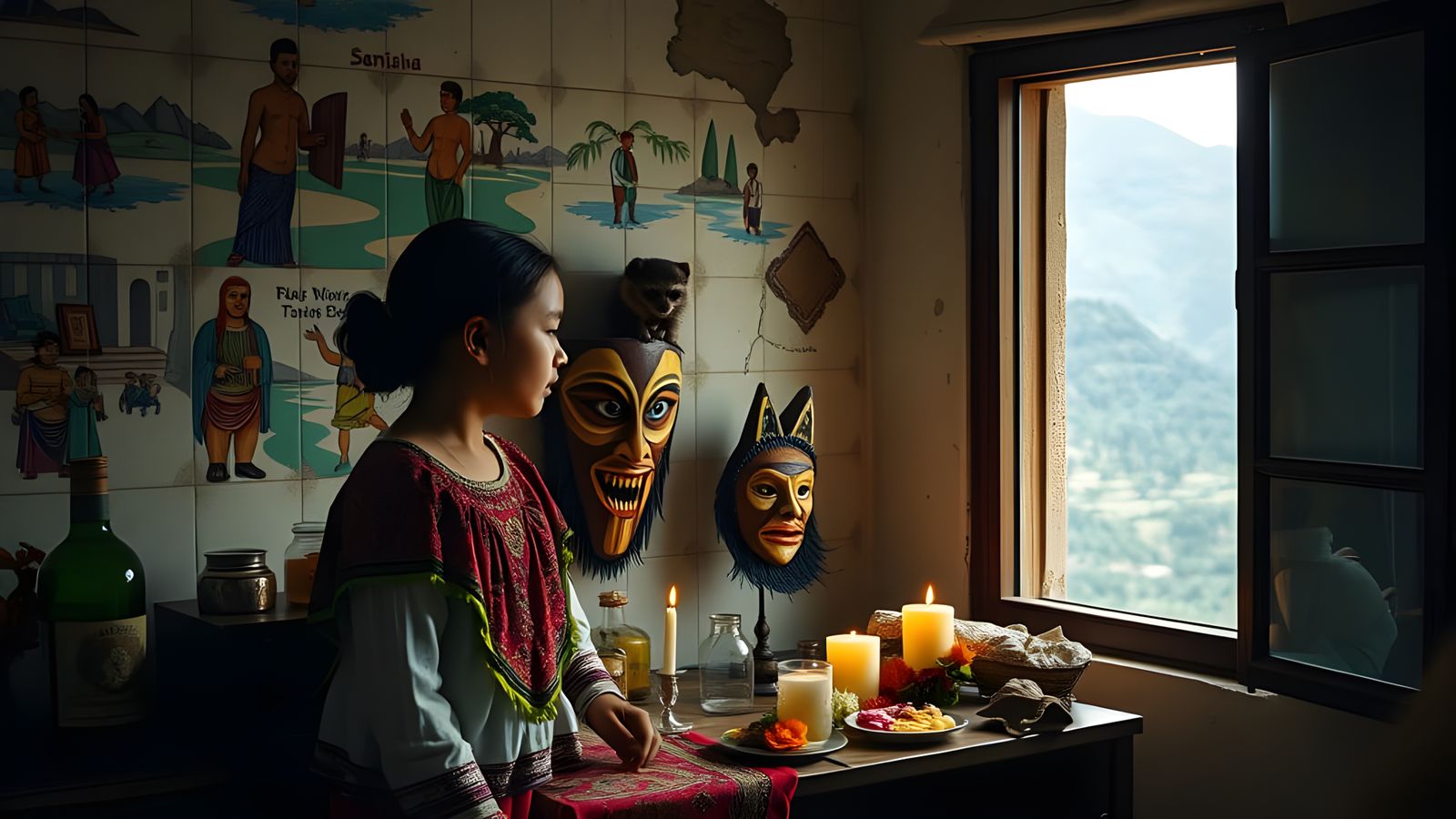 Young Oaxacan Girl Prays Before Vibrant Mural in Traditional...