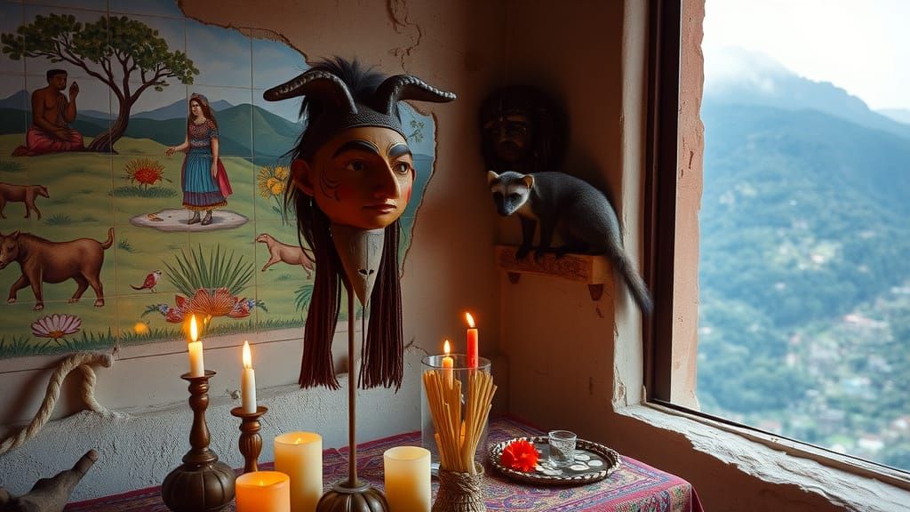 Young Oaxacan Girl Prays Before Vibrant Mural in Crumbling P...