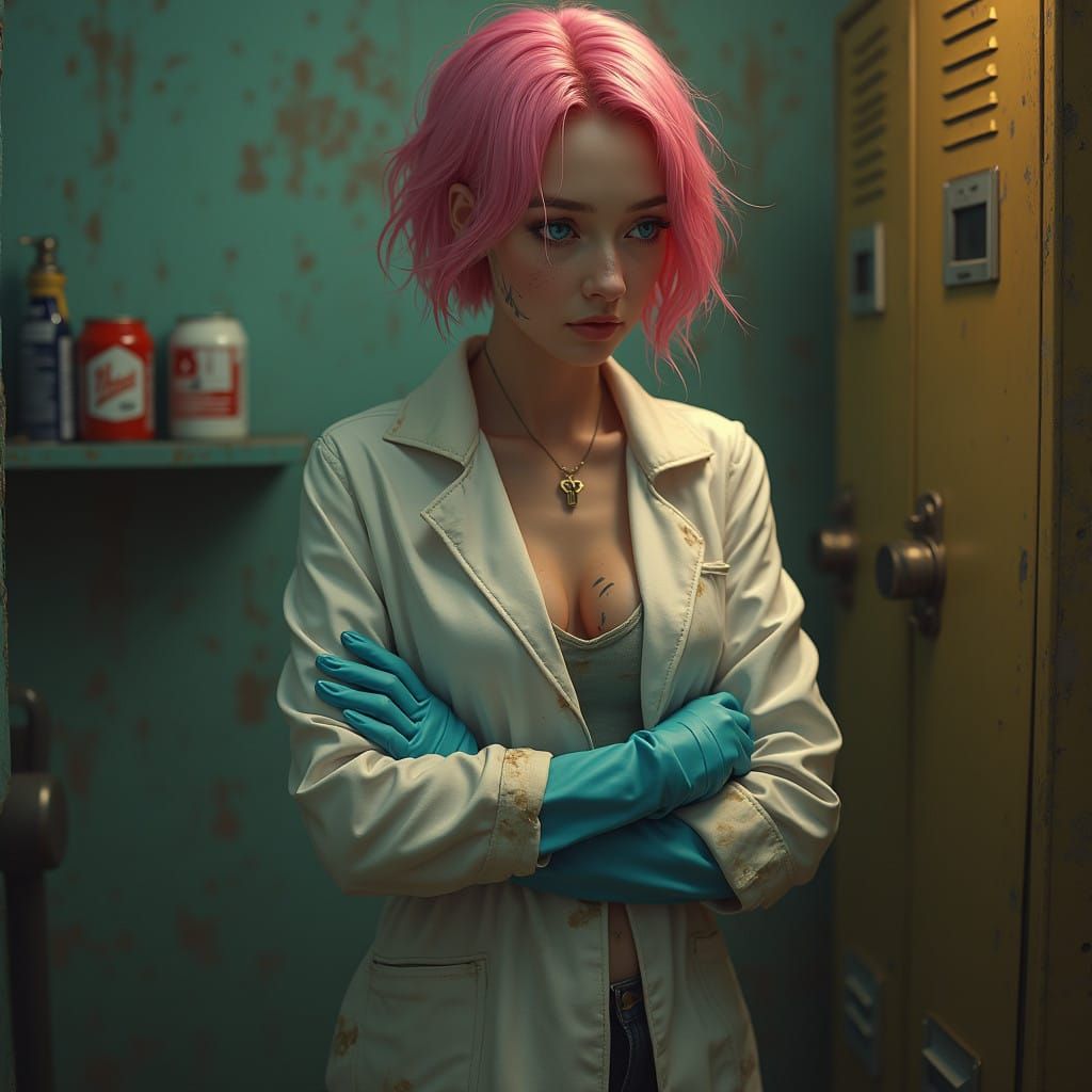 Poised Female Figure in White Coat, Exuding Shame and Embarr...