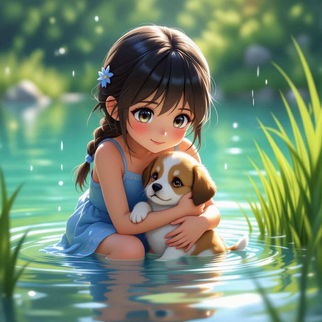 Girl Rescues Puppy From Lake in 3D Anime Style