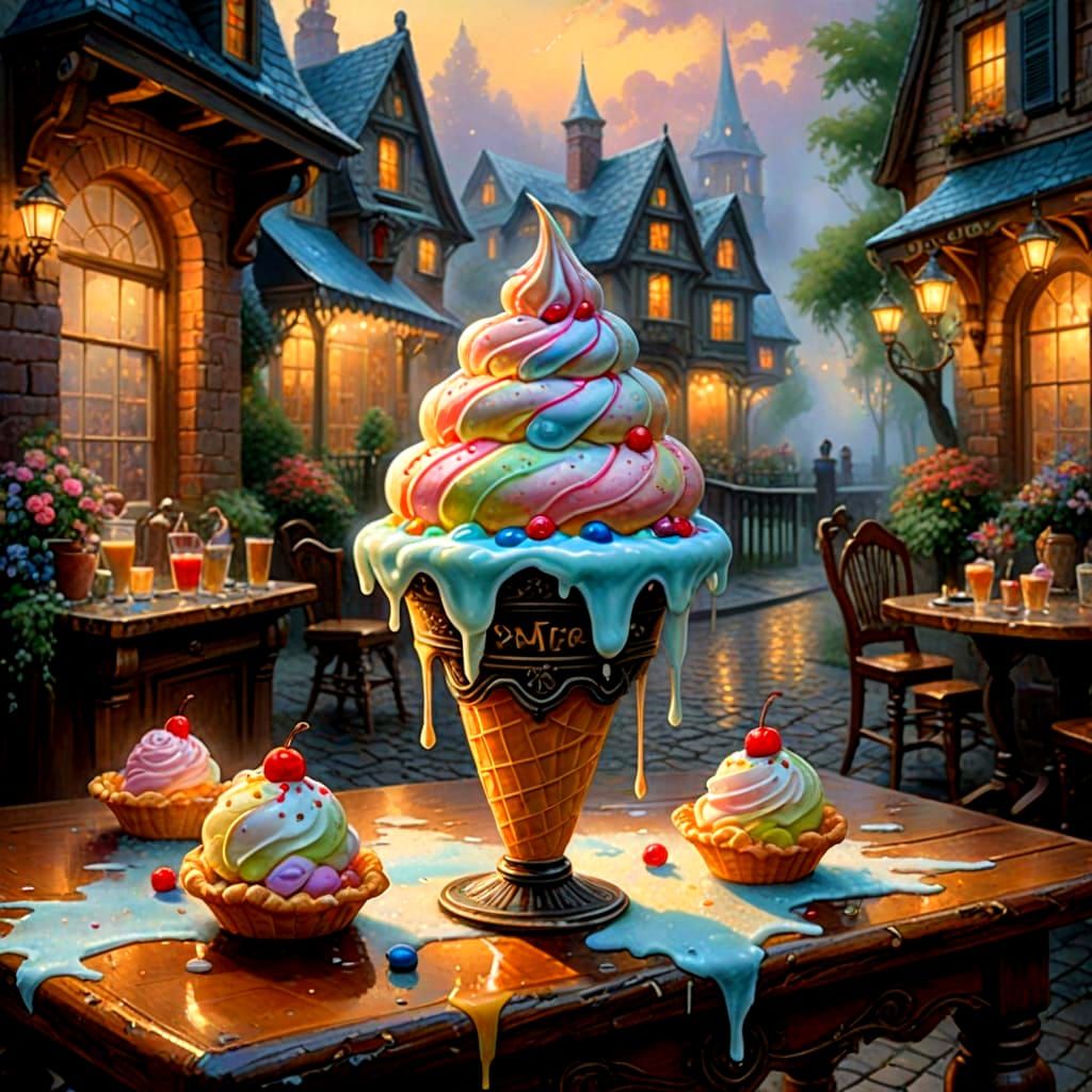 Melting Ice Cream Cone on Antique Table