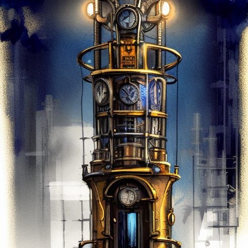 Steampunk Tower Blueprint in Noir Illustration Style
