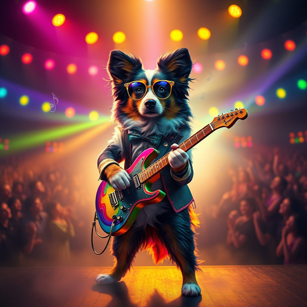 Australian Shepherd Rockstar in Steampunk Rainbow Attire