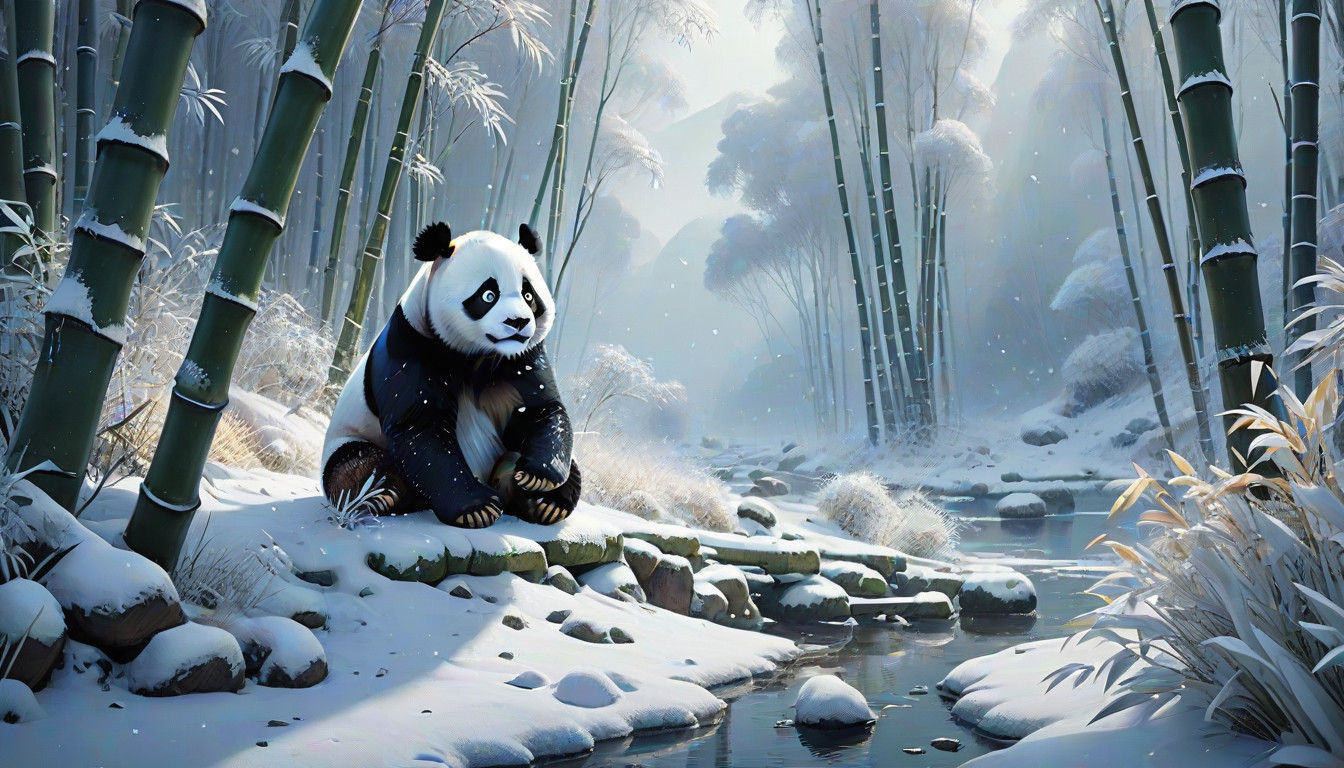 Whimsical Panda in Winter Wonderland Cartoon Scene