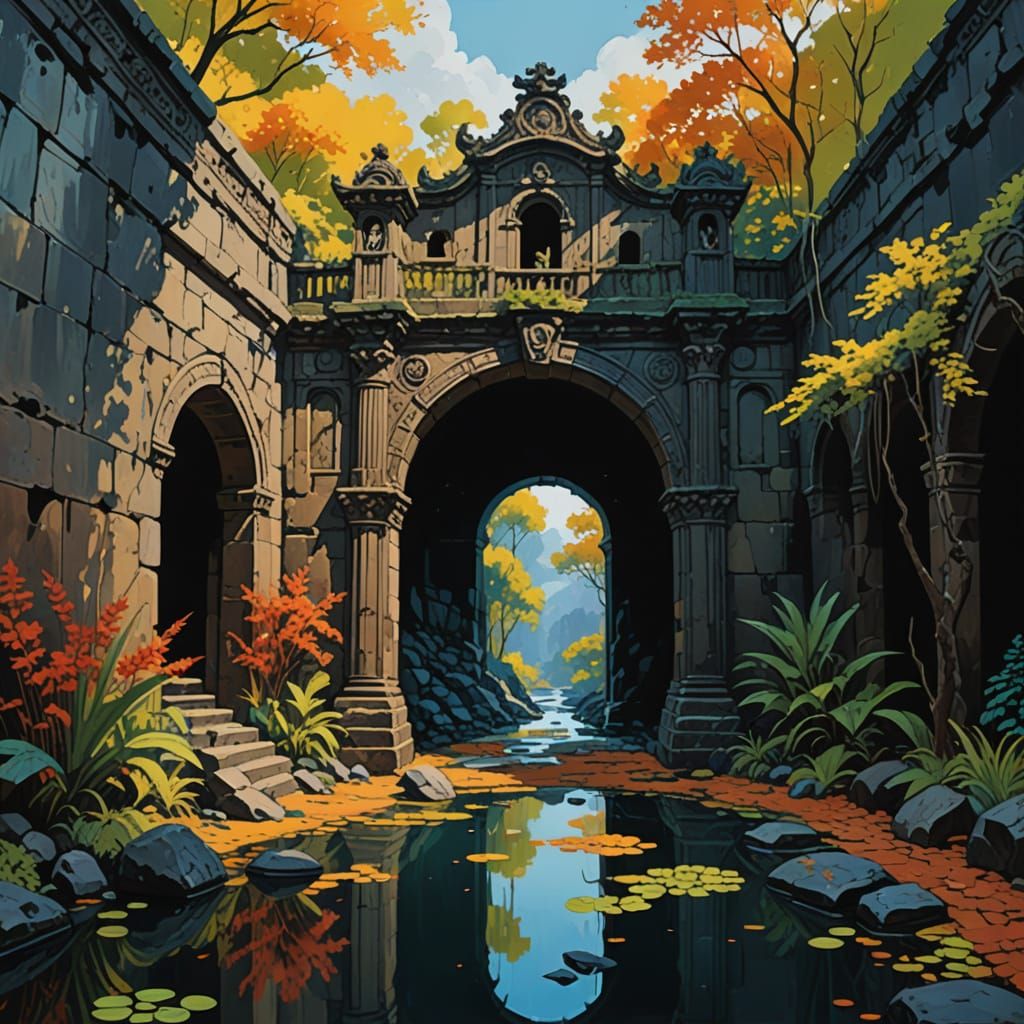 Gouache Masterpiece: Stone Hall Over Black Waters