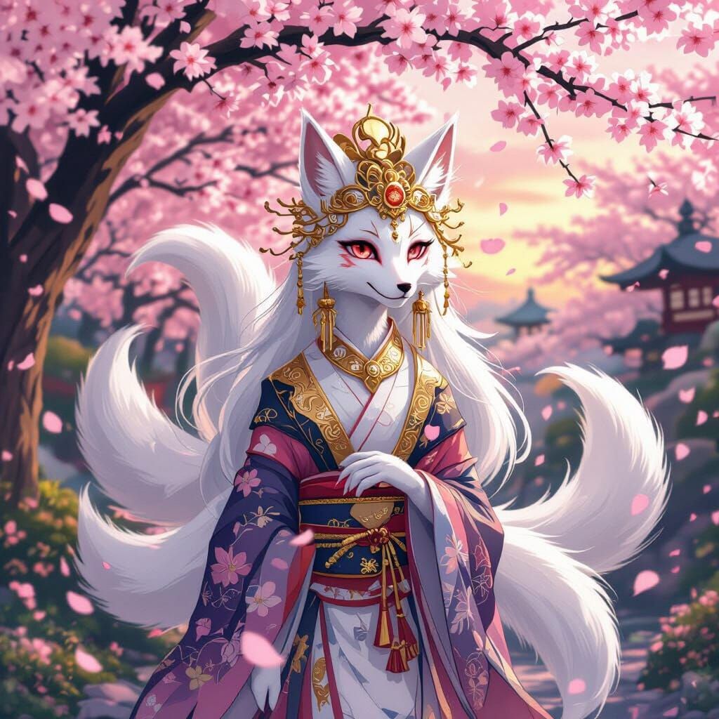 Nine-Tailed Fox in Cherry Blossom Garden