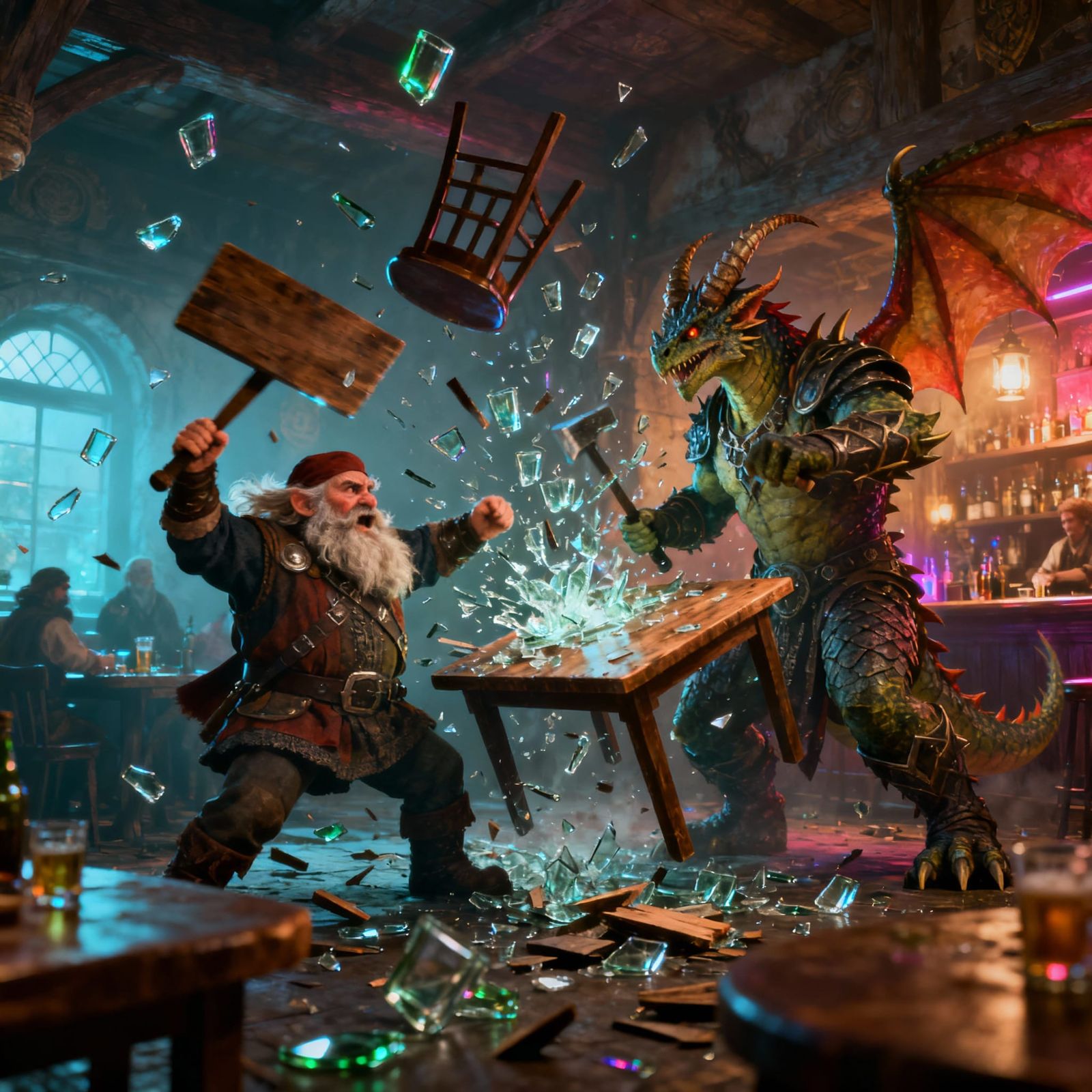 Dwarf and Dragonborn Tavern Brawl in Cinematic 3D