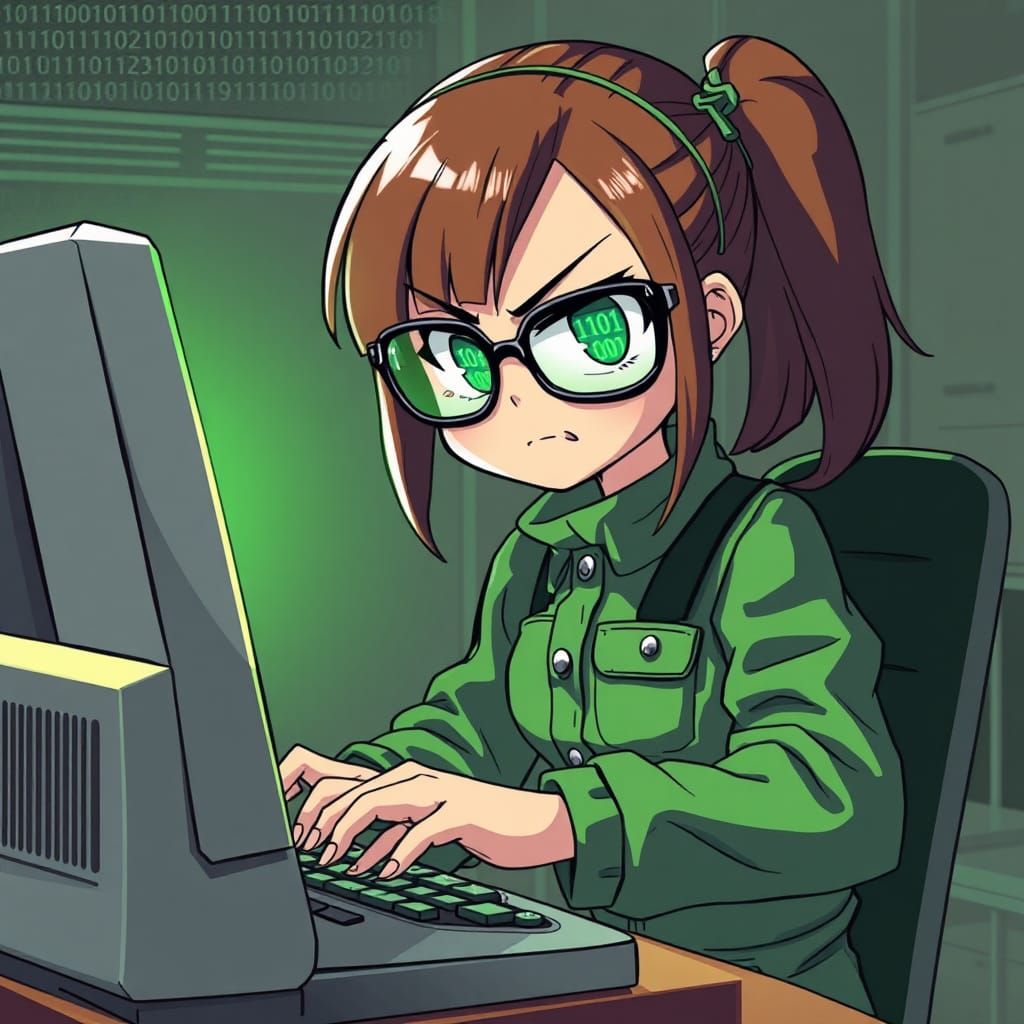 Anime Girl Coding in Retro-Futuristic Style