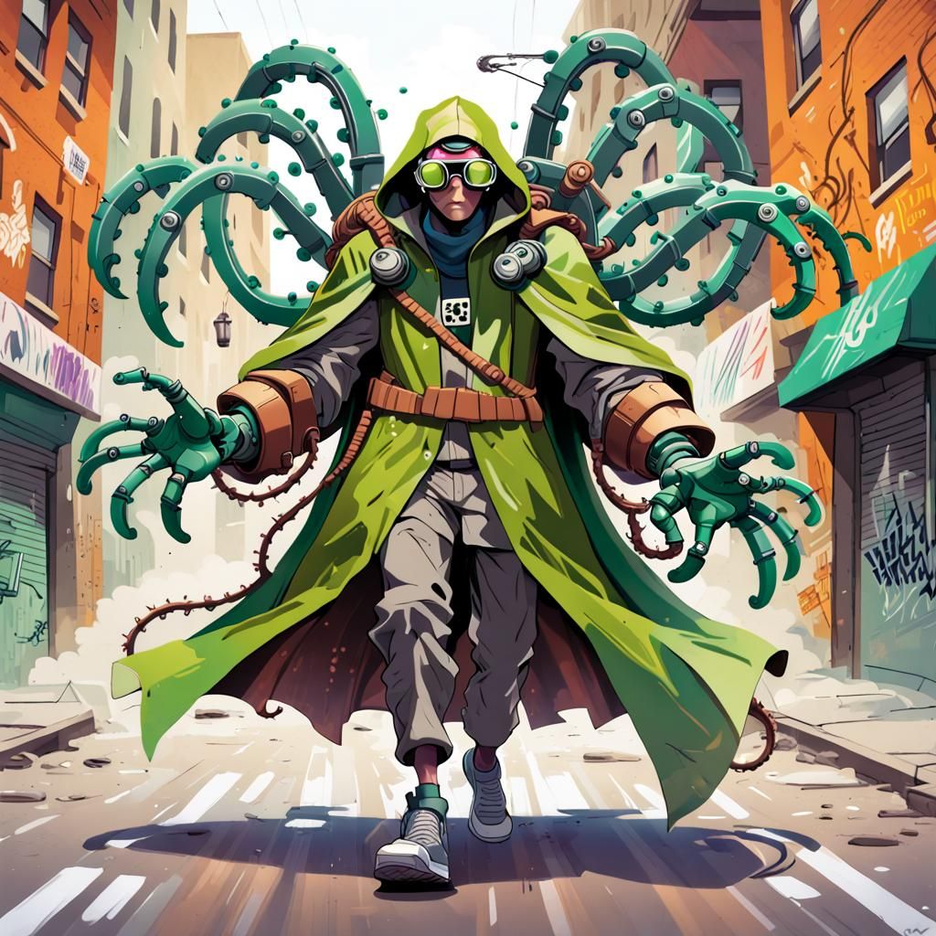 Human villain in green cloak, four mechanical arms, goggles, striding through the city, doc oc, doctor octopus