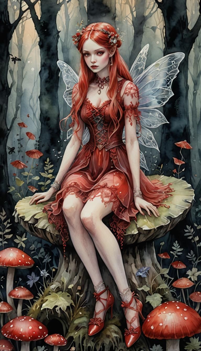 Red Fairy in Eerie Forest: Watercolor Fantasy