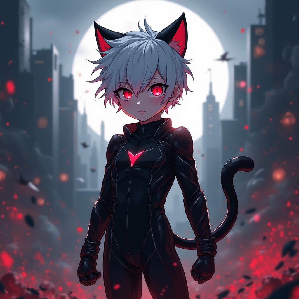 Youthful Hero in High-Fantasy Black Cat Suit Battles Villain...