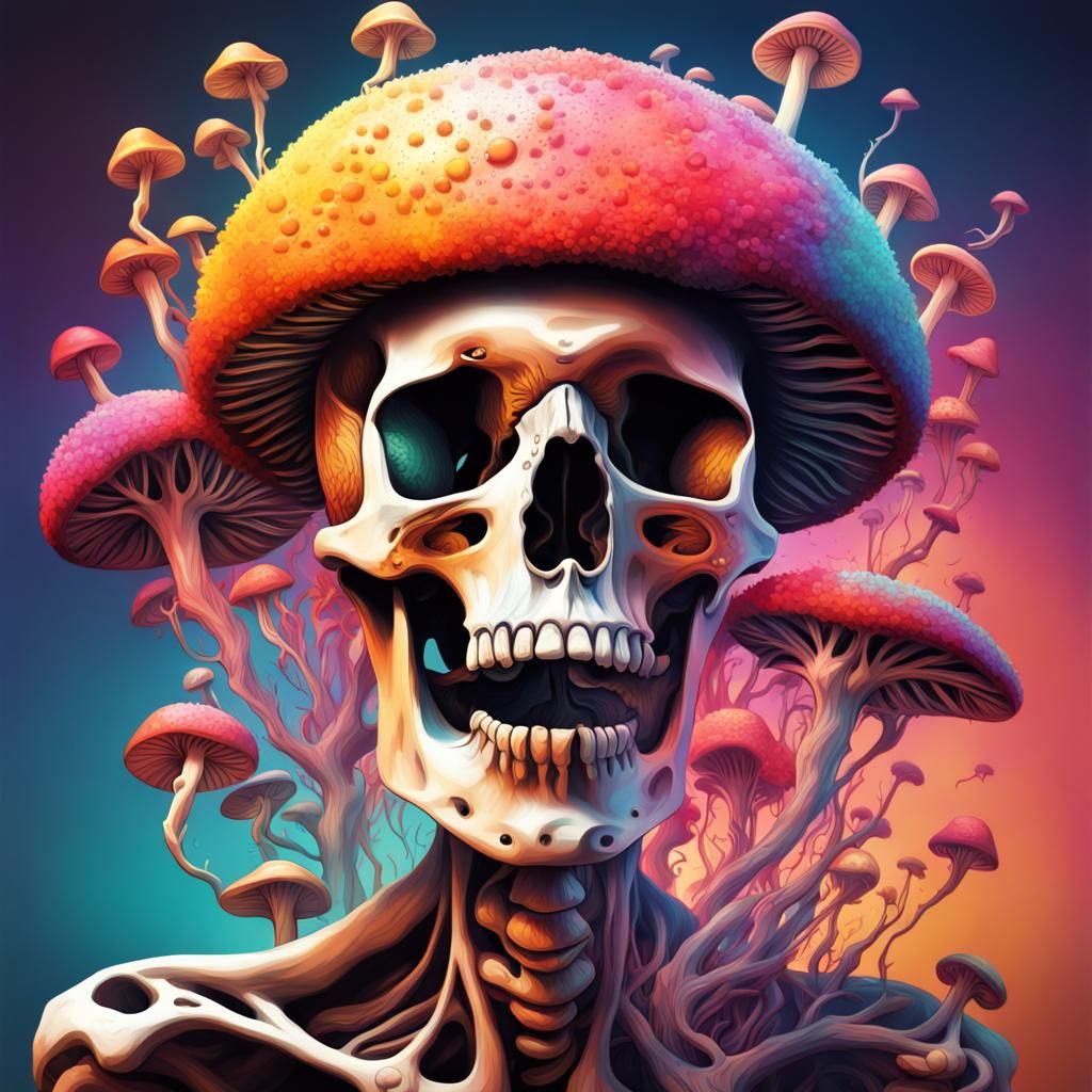 Psychedelic Fungi Bloom from Bones: Hyperrealistic Art