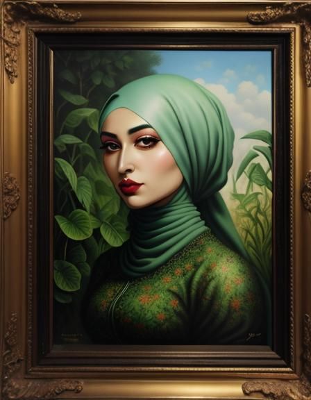 Surreal Hijabi Woman in Garden Oil Painting