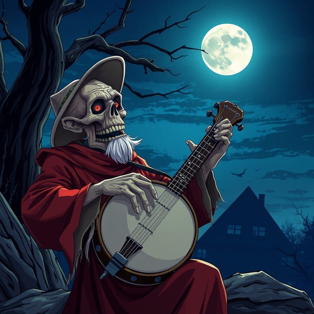 Ethereal Anime Masterpiece of Scary Man Playing Banjo Under...
