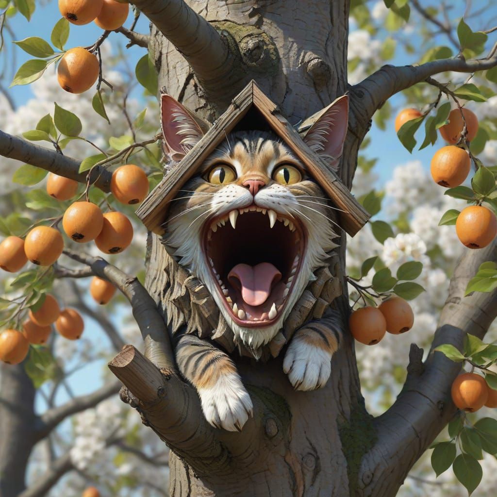 Humorous Cat Birdhouse on Blooming Tree