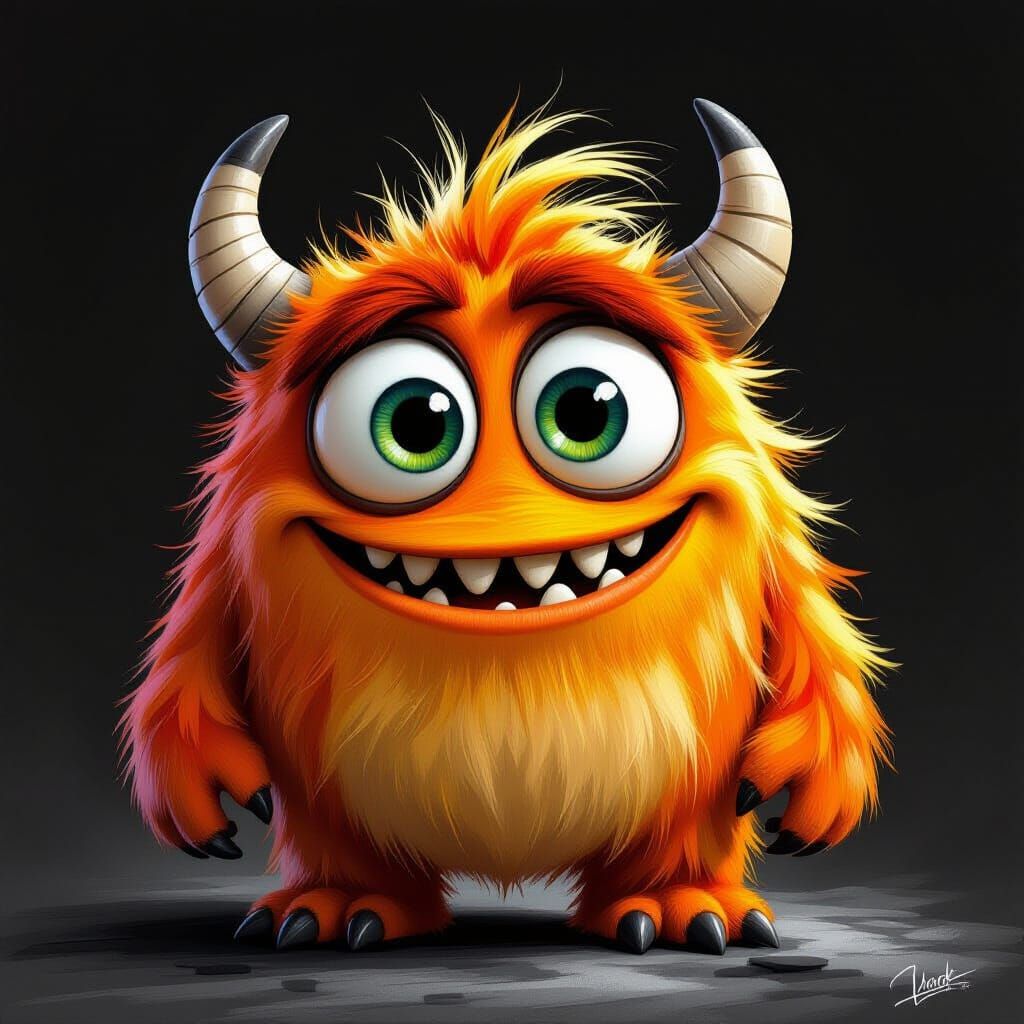 Pixar-Style Orange Monster Charcoal Drawing