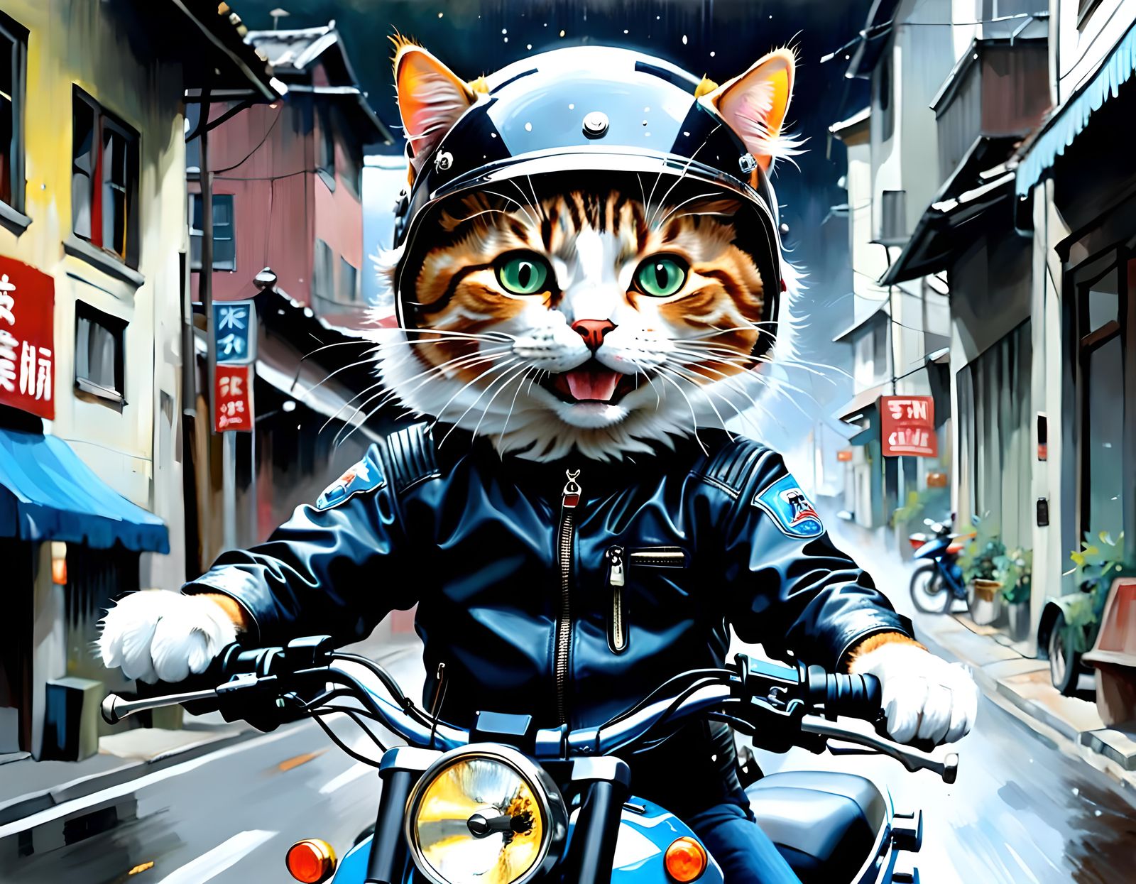 Cat on Motorcycle in Detailed Oil Painting