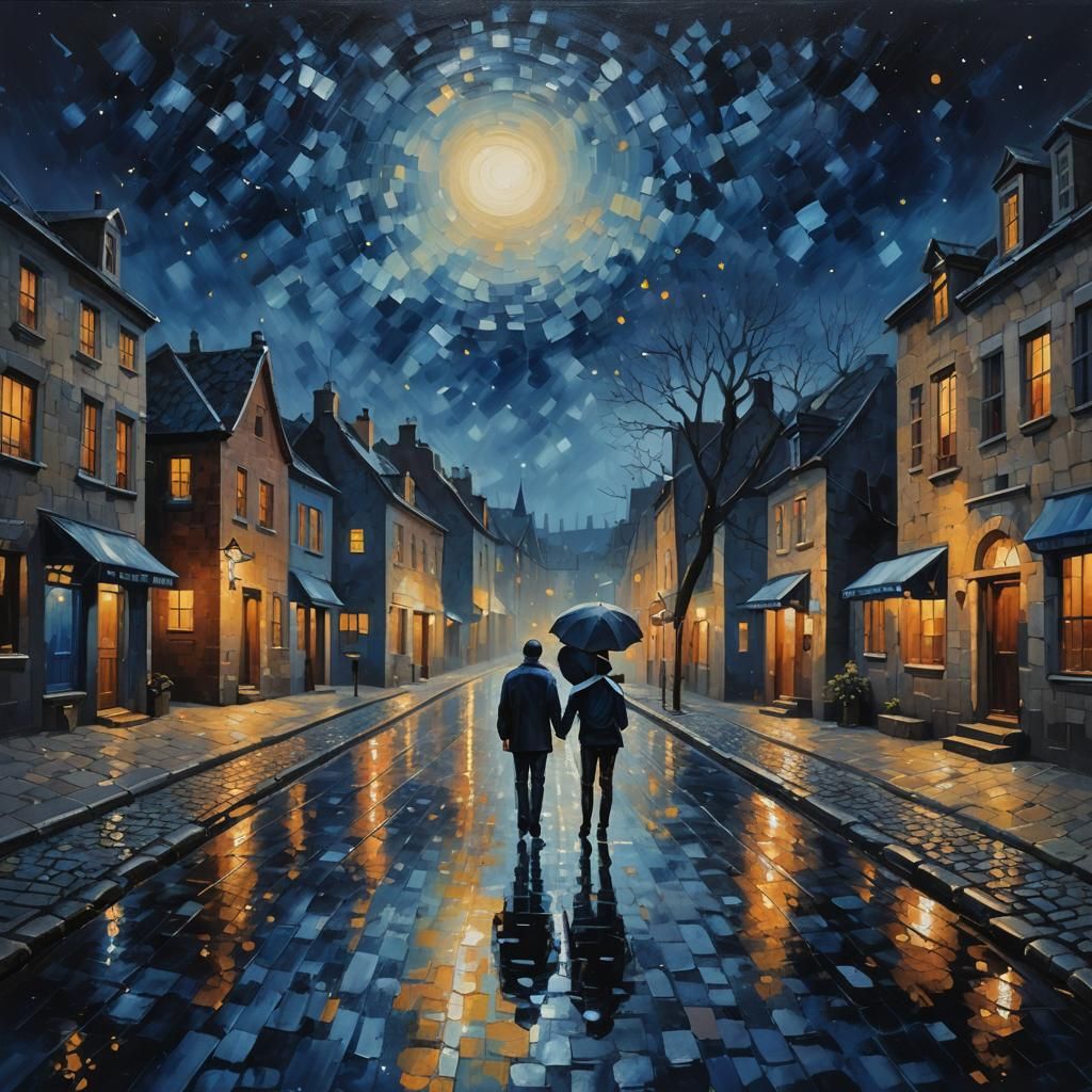 Cobblestone Street Under Starry Night Sky in Oil