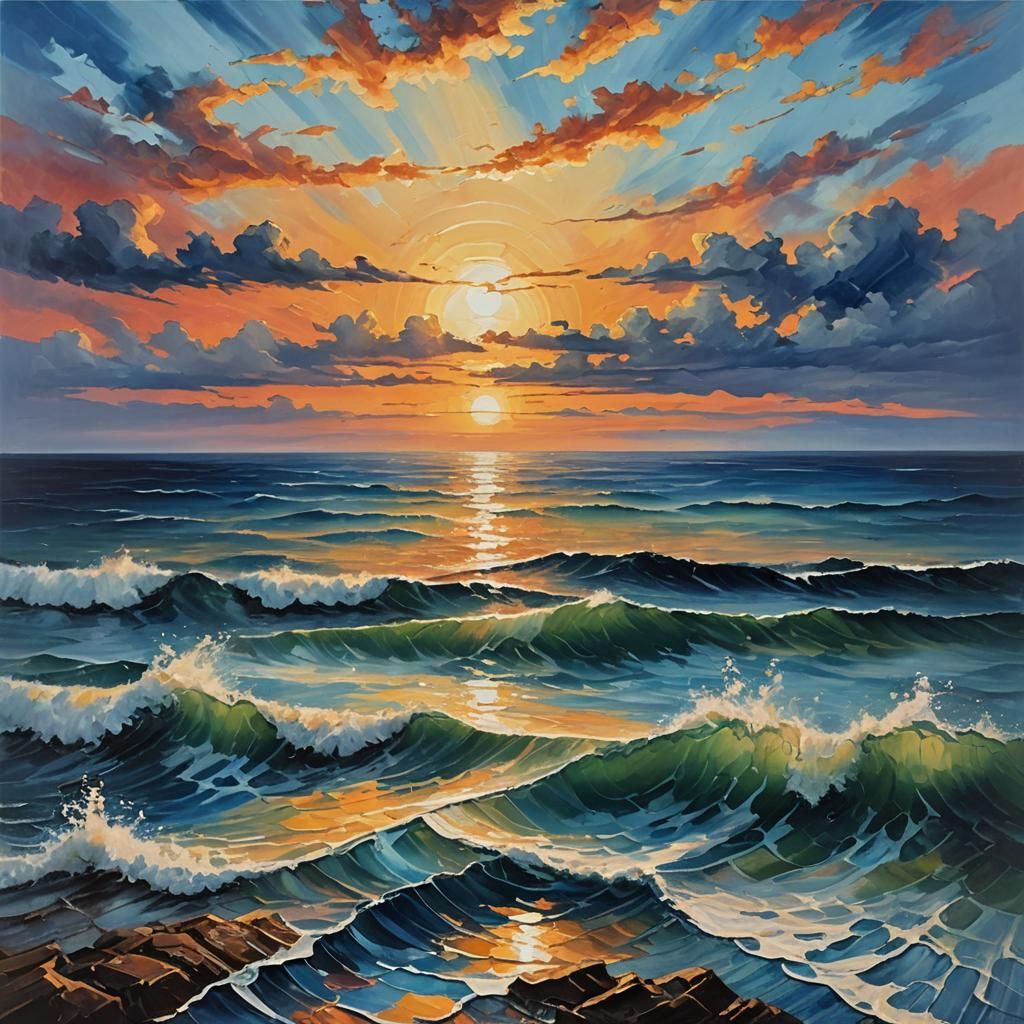An acrylic painting depicting a seascape at sunset, with a rippled sea background and a blue sky with some clouds. Vibra...