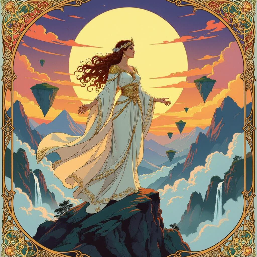 Majestic Sorceress Amidst Floating Islands: Art Nouveau Illu...