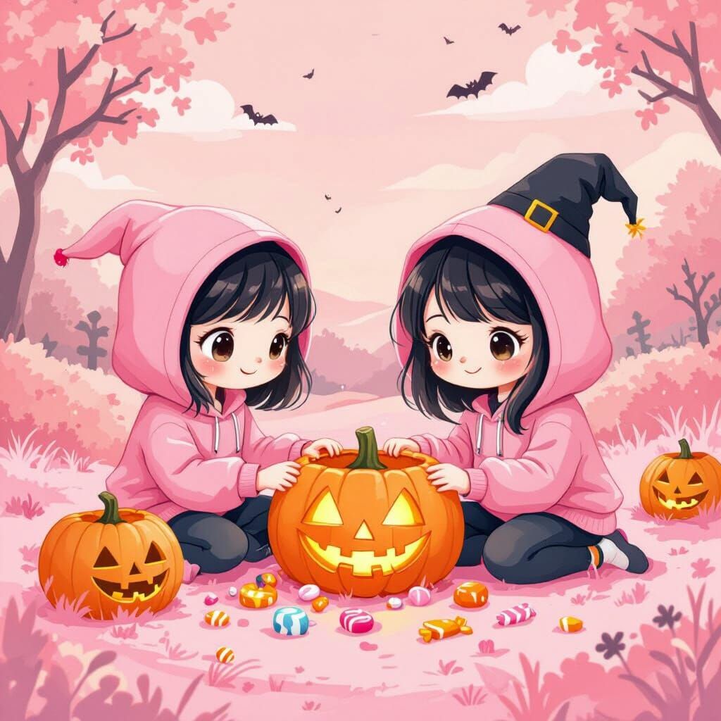 Whimsical Halloween Characters in Pink Kawaii Style