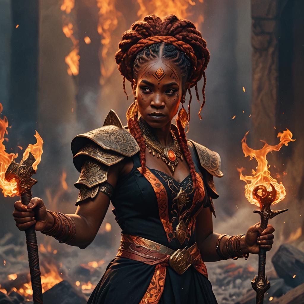 Fire Genasi Woman with Flames, Fantasy Art