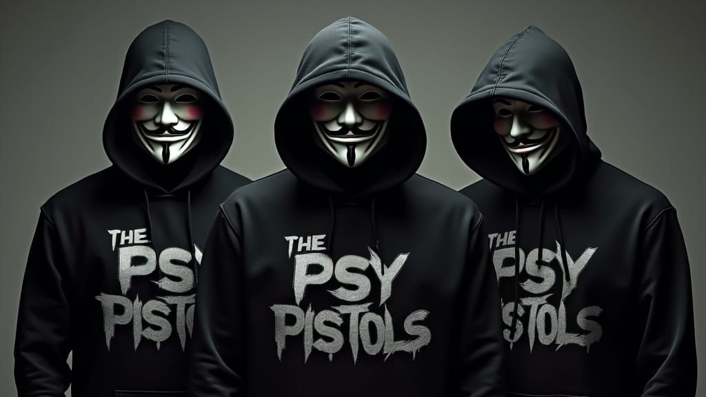 Mysterious Figures in Metallic Logo Hoodies