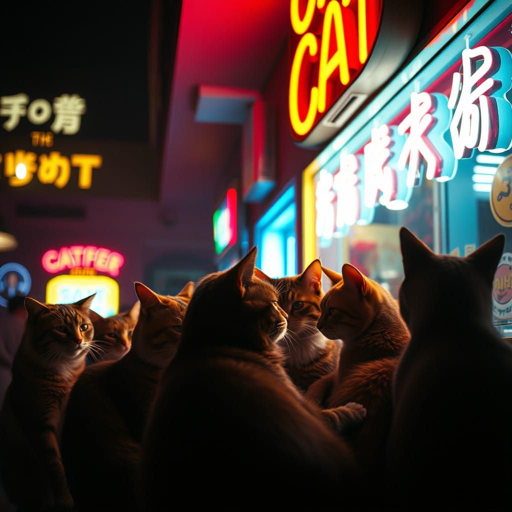 Felines Gathered Around Neon-Lit Counter in Cyberpunk Café