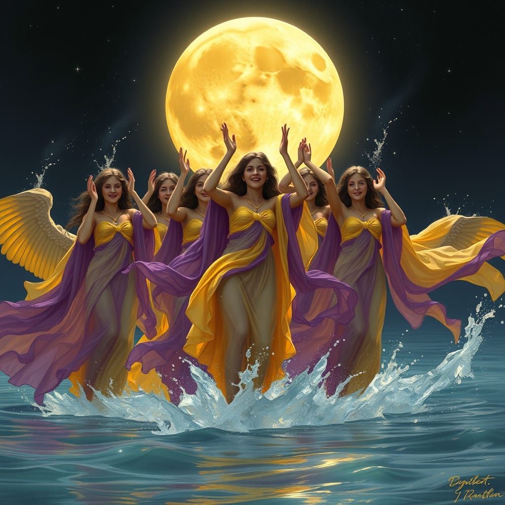 Caryatids Rising from Water with Moon, in Dark Fantasy Style