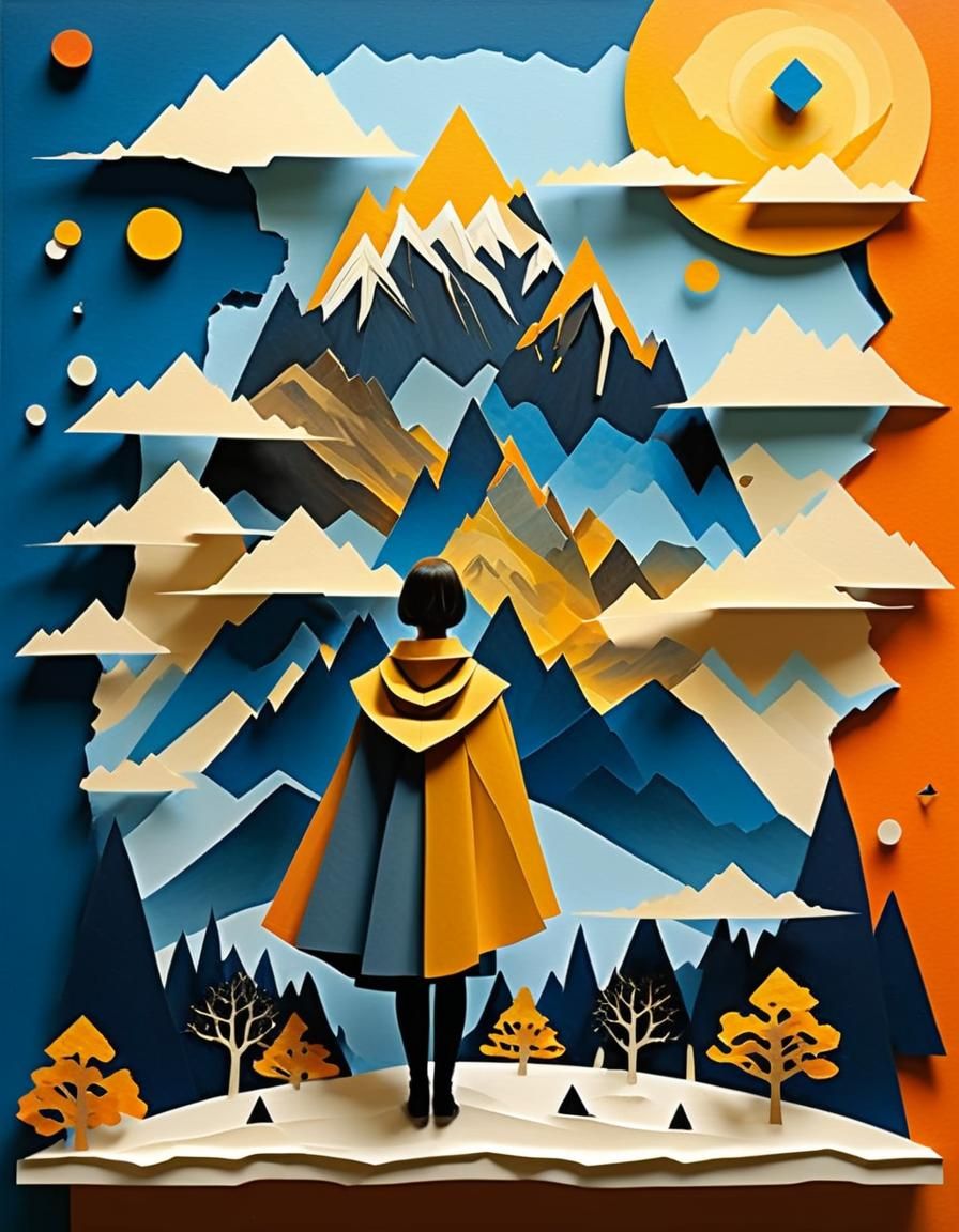 Heroic Female Figure in Paper Collage Landscape