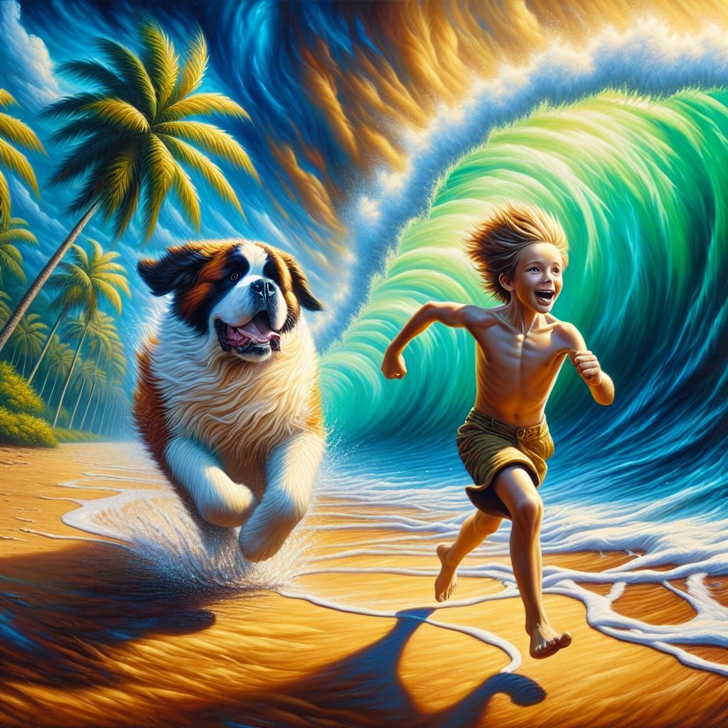 Boy and Dog Running on Sunny Beach in Oil Painting