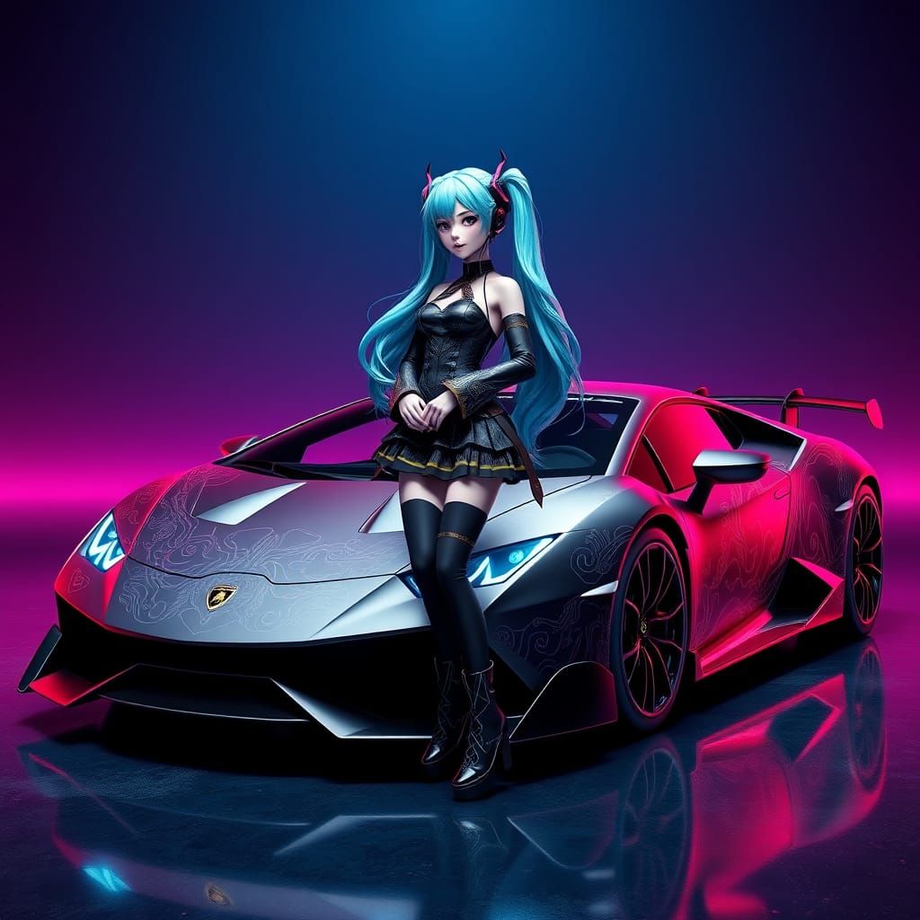 Futuristic Hatsune Miku beside a Lamborghini 2024 Concept in...