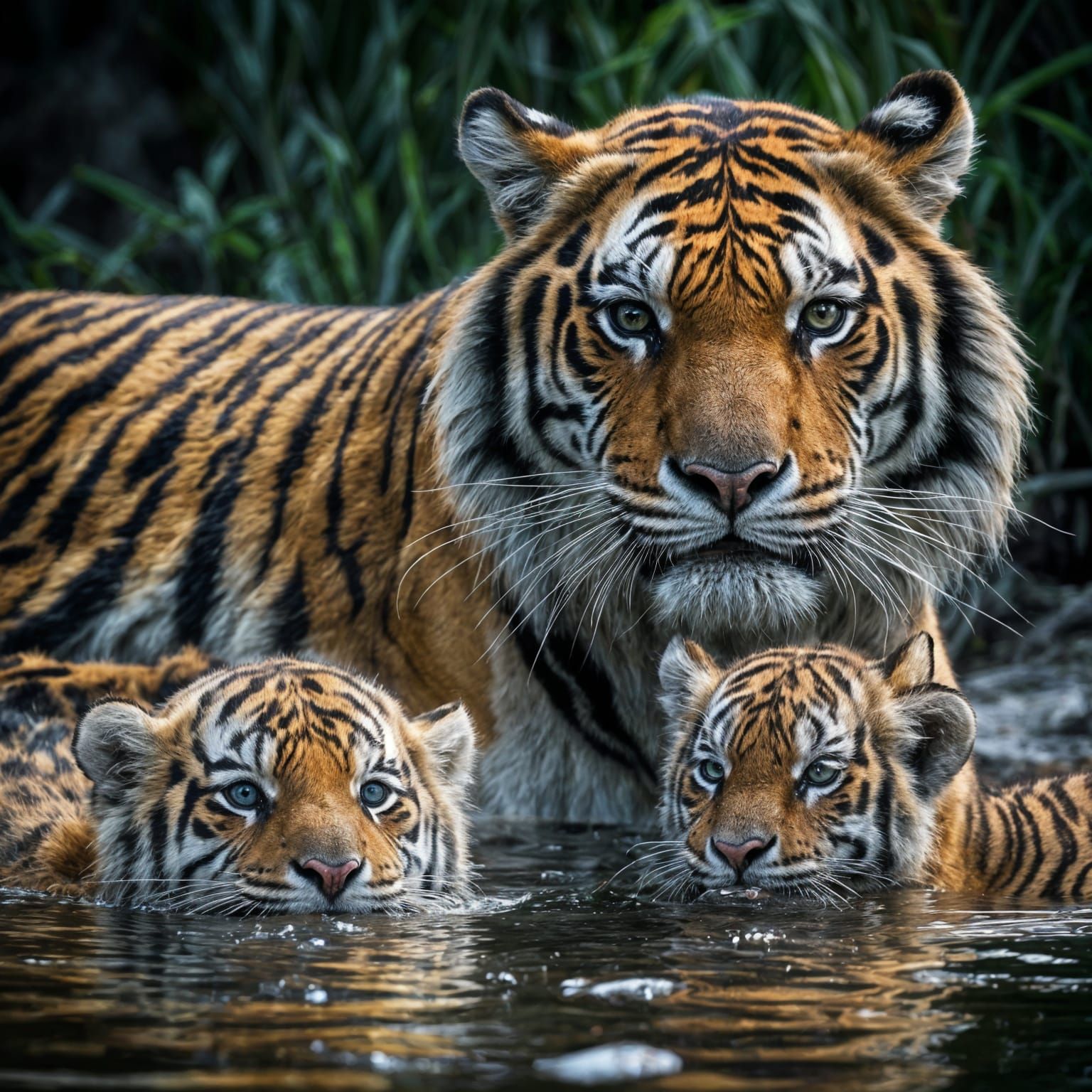 Mother Tiger Watching Her Cubs at Play
