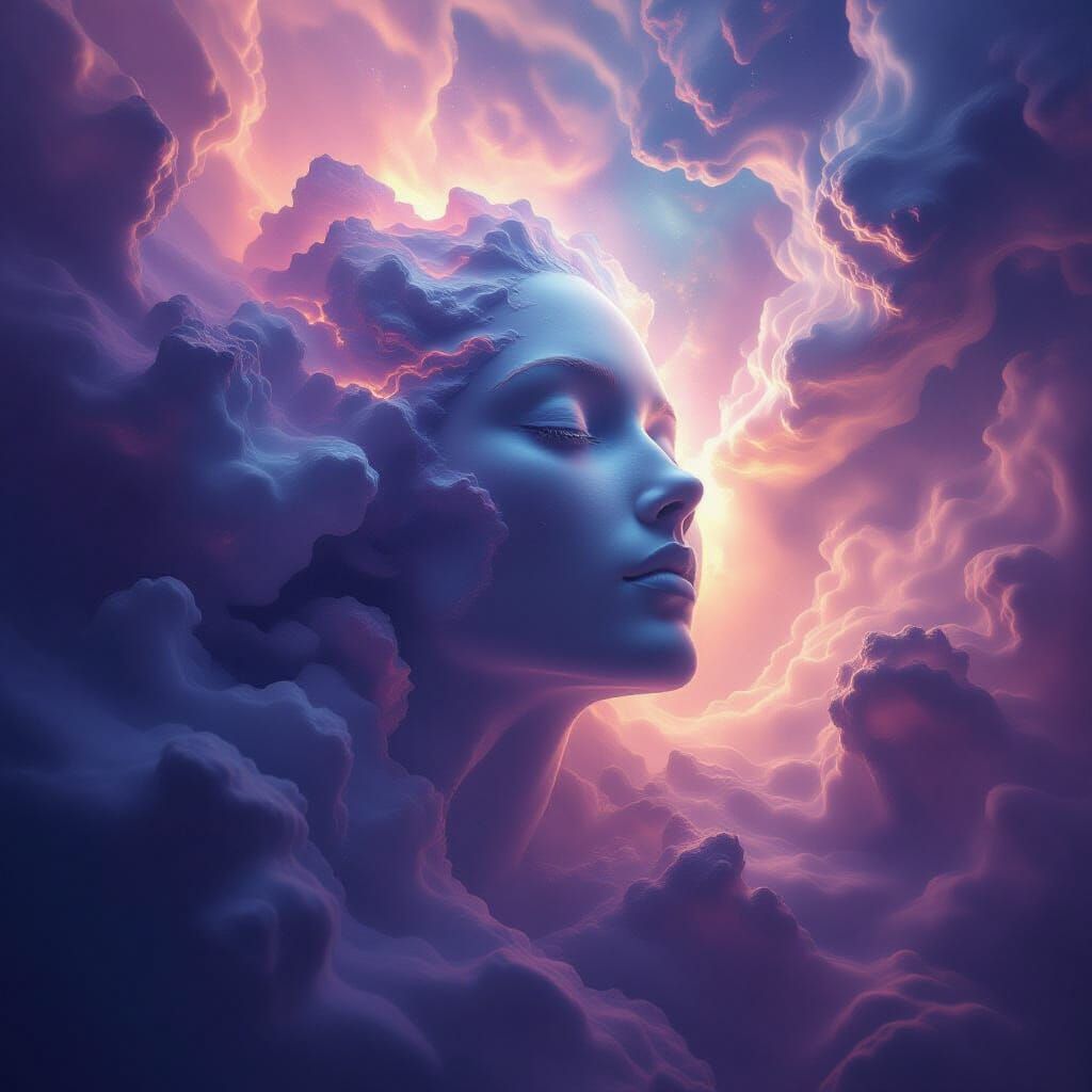 Cosmic Head Emerges from Abstract Nebula Landscape