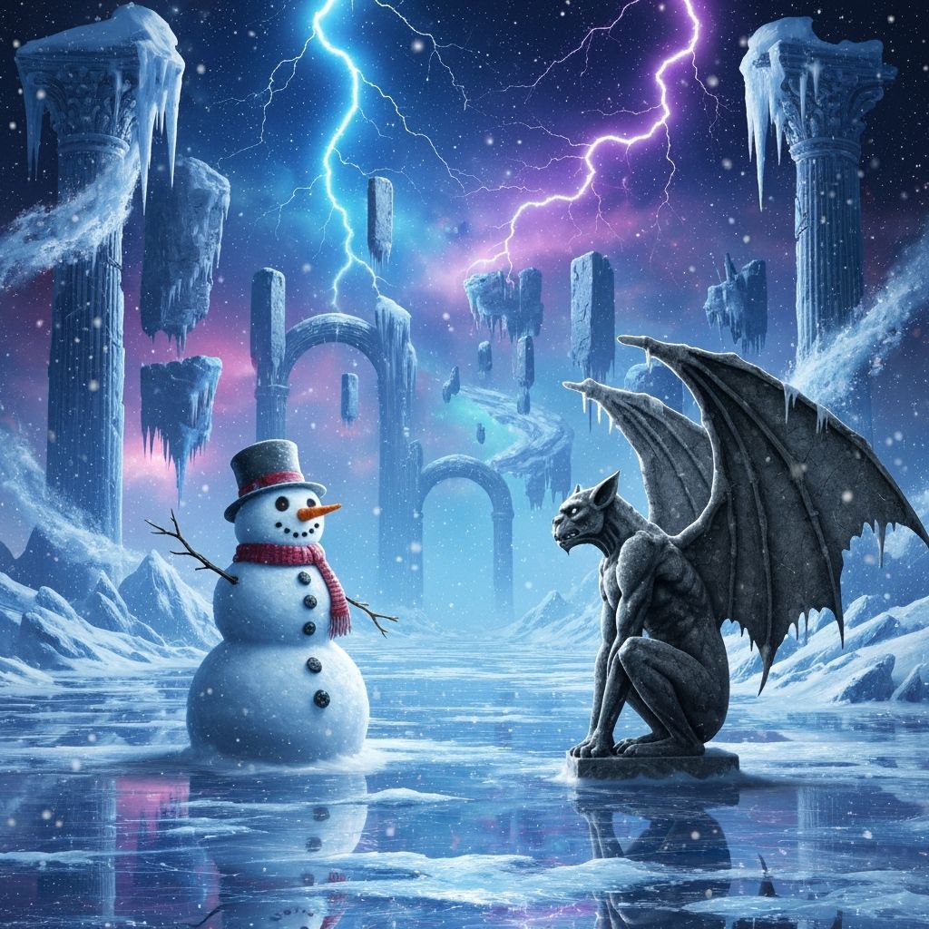Snowman and Gargoyle in Cosmic Winter Dreamscape