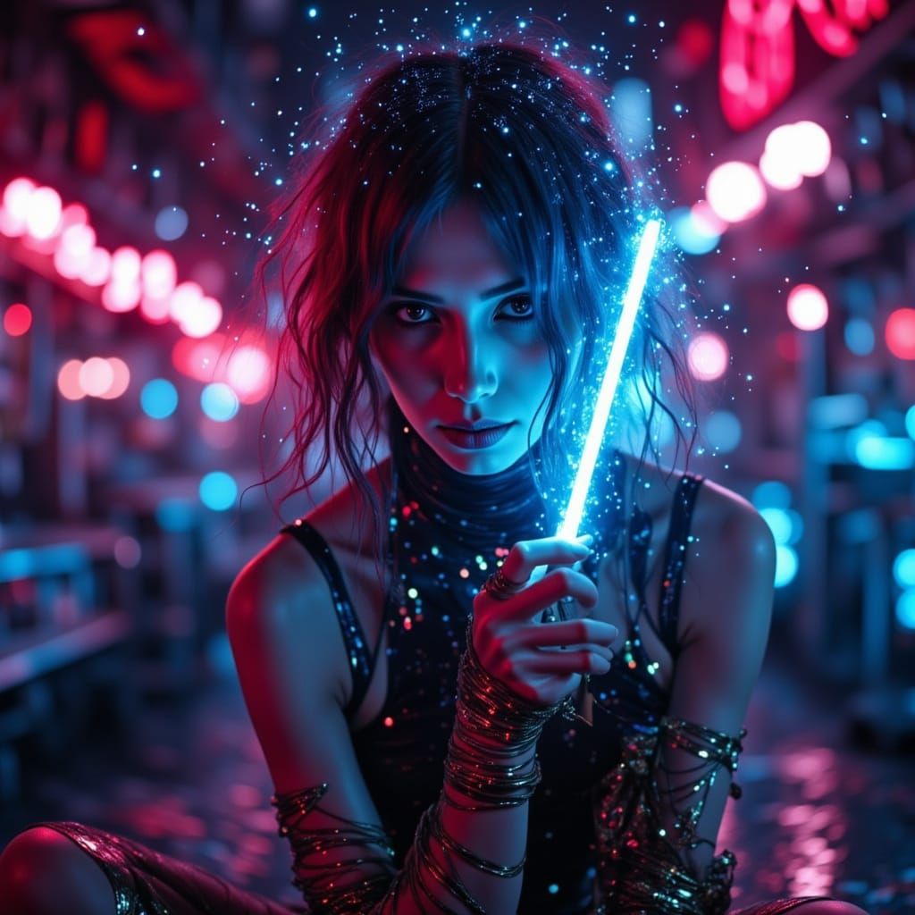 Cyberpunk Ballet Marionette in Neon Cityscape
