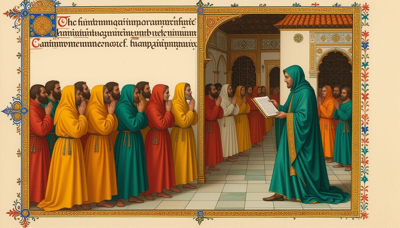 Medieval Scribe with Villagers in Saffron Tunics