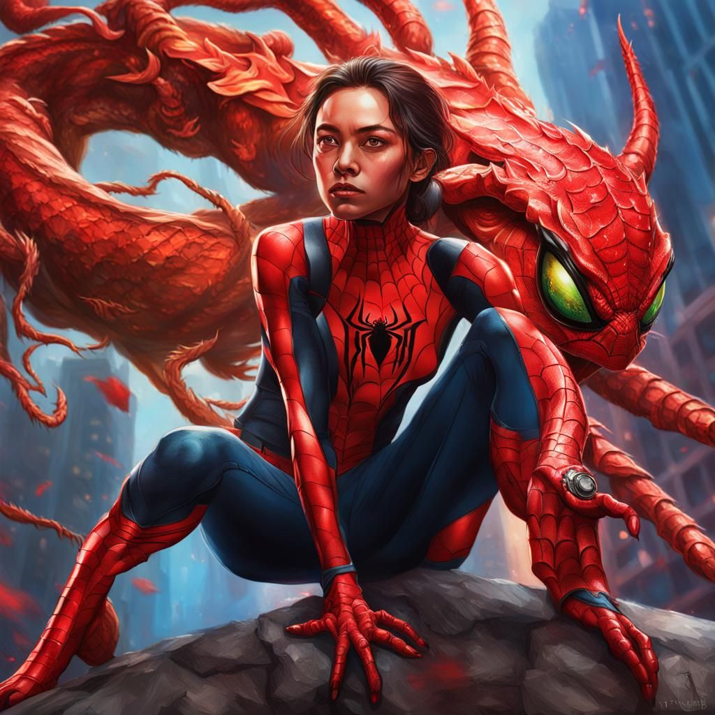 Hyperrealistic Spider Girl with Red Dragon