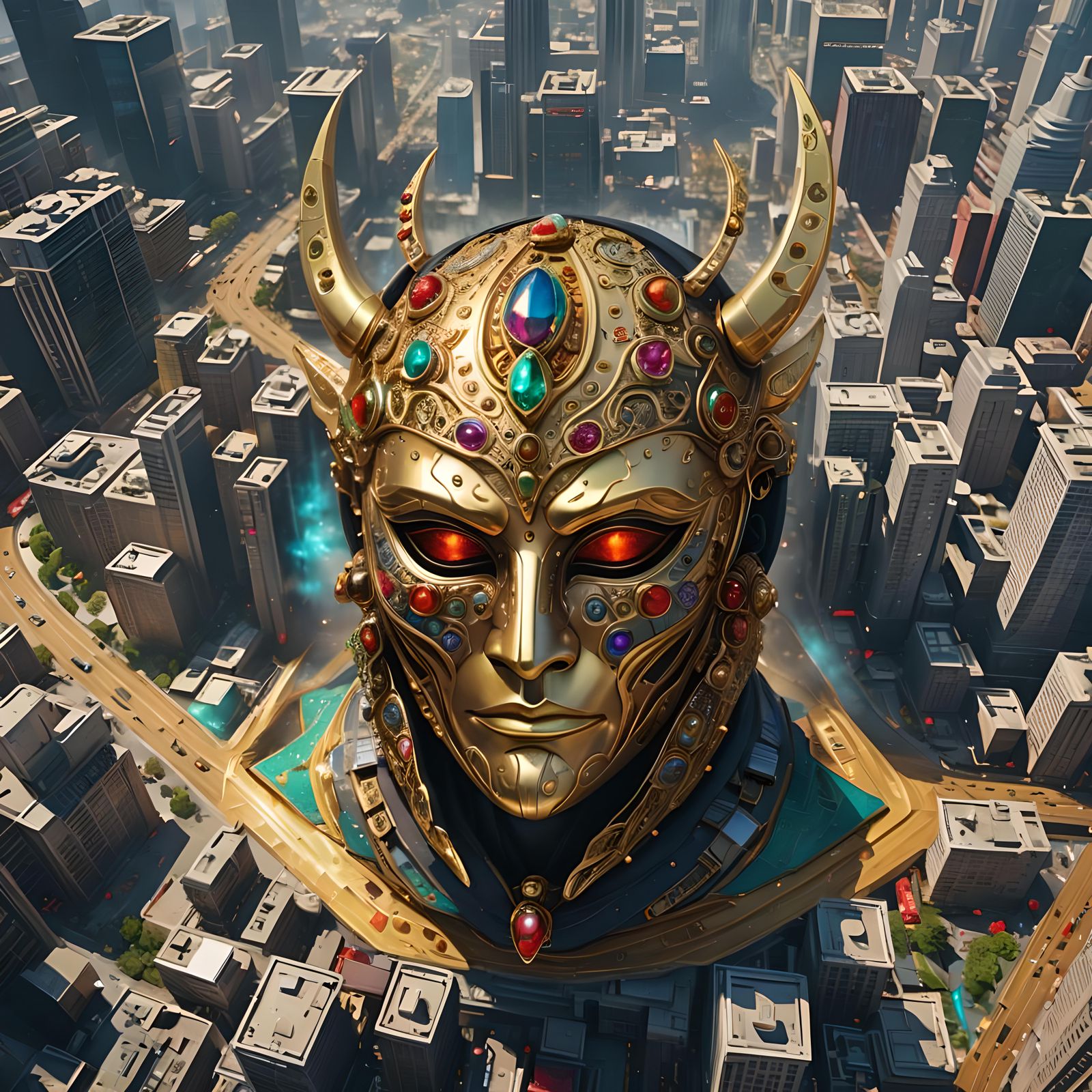 Golden Mask UFO over City: Fantasy Concept Art