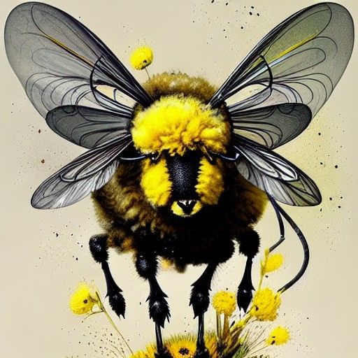 Adorable Sheep-Bee Hybrid in Flight, Detailed Painting