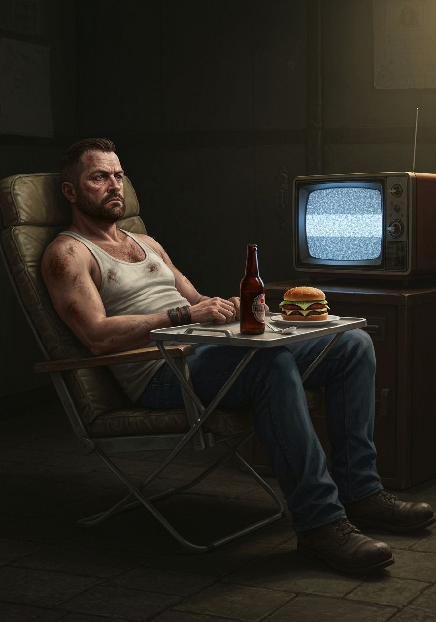 Biker Relaxing with Burger and Beer in Gritty Realism